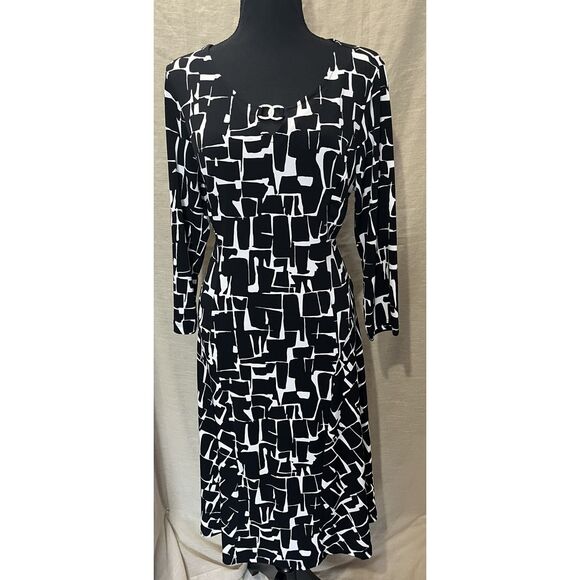 Susan Graver‎ Black White Geometric Print 3/4 Sleeve Midi Dress, Size S - Picture 1 of 7